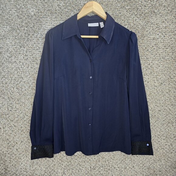 Susan Graver Top Womens Small Navy Blue Button Up Satin Collared‎ Blouse Ladies - Picture 1 of 7